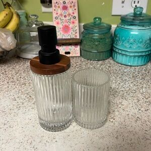 Clear Ribbed Glass Soap Dispenser and Tumbler Set